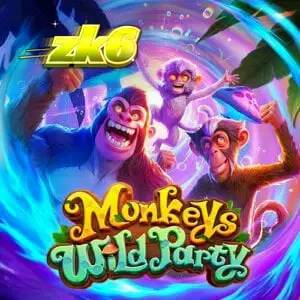 Tampilan visual slot Monkeys Wild Party dengan latar belakang hutan tropis yang cerah.